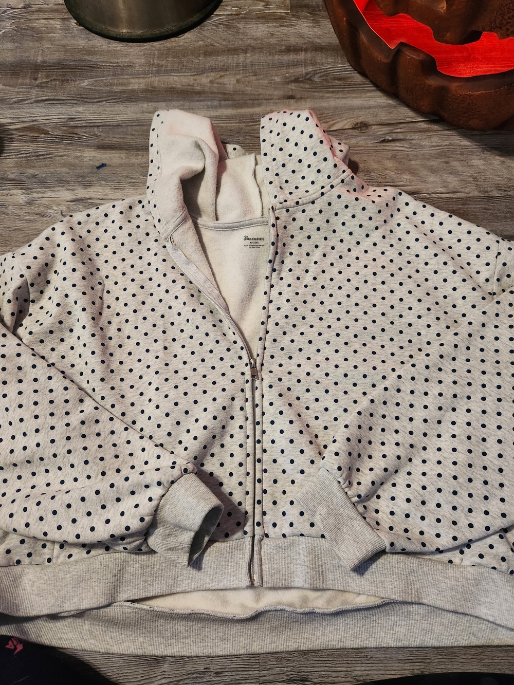 No Boundaries Light Gray Hooded Polka Dot Zip Jacket